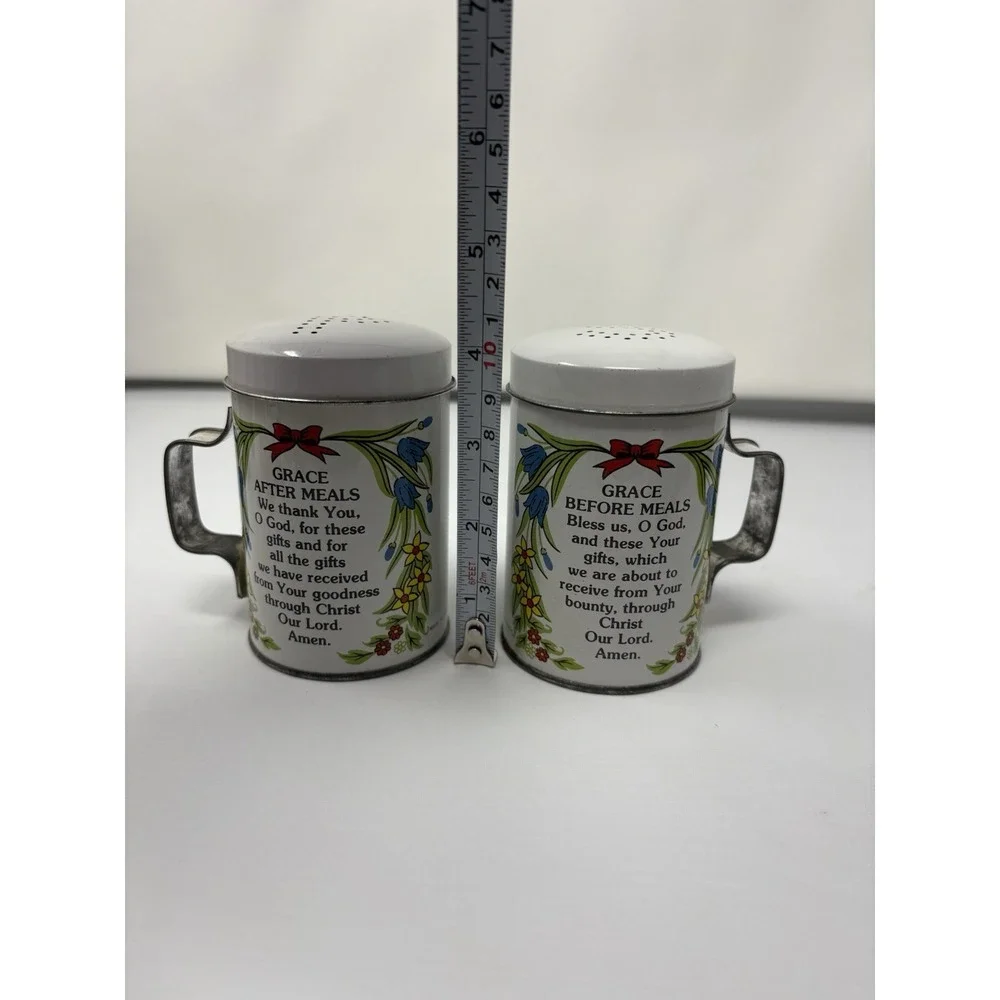 Vintage Tin Salt & Pepper Shakers Grace Before & After Meal Prayers 1950 MCM